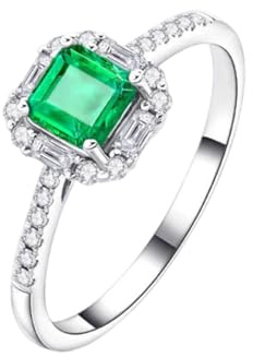 Trauringe 585 Gold, Wedding Ring For Women Grün Smaragd 0.25 Karat Verlobungsring 14 Karat Weißgold mit Diamant Größe 45 (14.3)