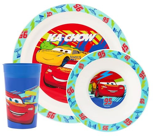 Disney Cars - Vajilla infantil de polipropileno de 3 piezas, plato, cuenco y vaso con Lightning McQueen y Dinoco, apto para microondas y lavavajillas, apto para mayores de 36 meses