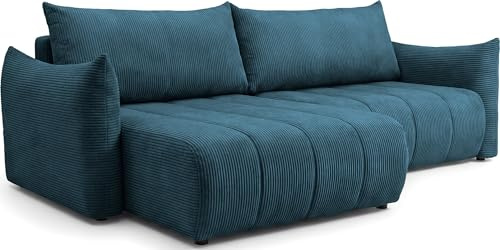 Ecksofa mit Schlaffunktion & Bettkasten – Skandi 4-Sitzer Schlafsofa in L-Form – Freistehende Eckcouch, Ottomane Links oder Rechts Montierbar – Liegefläche 220 × 145 cm – Cordstoff Blau, Marineblau
