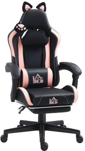 HOMCOM Chaise Gaming Ergonomique avec Oreilles de Chat Fauteuil Gamer Noir | Dossier Inclinable, Hauteur Réglable, Repose-Pieds, Appui-Tête, Soutien Lombaire, Pivotant à 360°