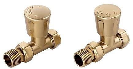 Flode Straight Manual Radiator Valve Pair - Brushed Brass Finish - 15mm x 1/2 - Solid Brass Construction