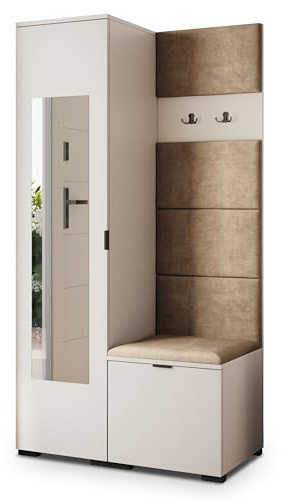 Masseno Flugarderoben Set VIRA, Kleiderschrank-Set mit Spiegel und Sitzbank, Garderobenschrank Flur mit 3 Regalböden, Kaschmir