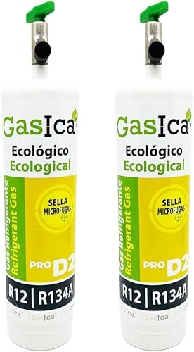 2x Envases GASICA PRO D2 - Gas Refrigerante Ecológico Orgánico - Equivalente 900g (R134A y R12) Apto para carga A/C Autos y hogar.