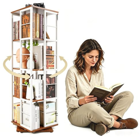 Nivadeui Drehbares Bücherregal Bücher Regal Weiß, Bodenstehendes Bücherschrank Holz, Bookshelf Bücherregale 360 frei Drehbar, Freistehendes Standregal für Schlafzimmer Wohnzimmer (5 Ebenen)