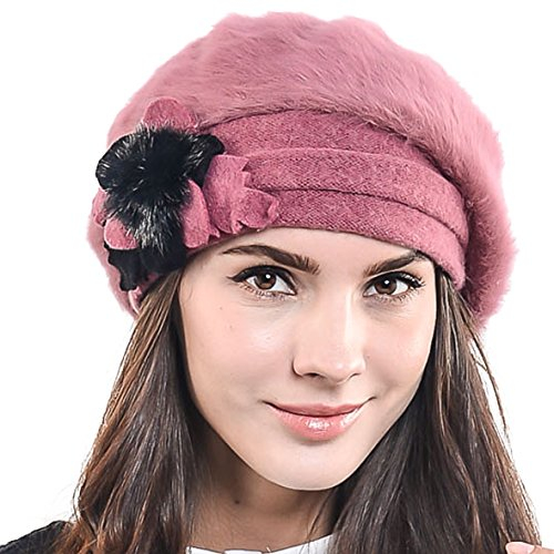 HISSHE Damen Barette Künstler Wolle Baskenmütze Angora Beanie Winter Mütze BR022 (Rosa)
