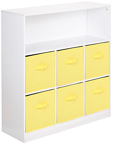 URBNLIVING White Wide 7 Cube Bookcase + 6 Yellow Non Woven Drawers