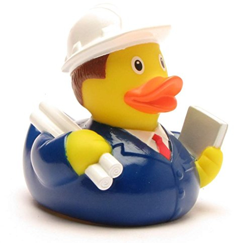 Duckshop I Badeente Ingenieur I Quietscheente I L: 8,5 cm I inkl. Quietscheentchen-Schlüsselanhänger im Set I Geschenk BAU I Präsent Sammler