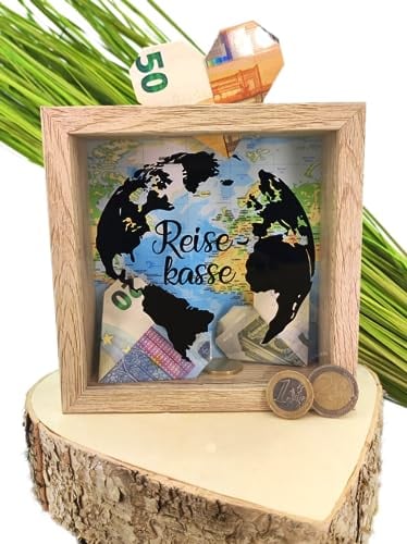 MC-Trend Spardose Reisekasse 15x15x5cm Holz/Glas für Urlaub Reise Weltreise Traumreise Kurzurlaub Wünsche Travel the World Sparschwein Sparbüchse Geld Geschenk Idee Weltkarte Sommerurlaub