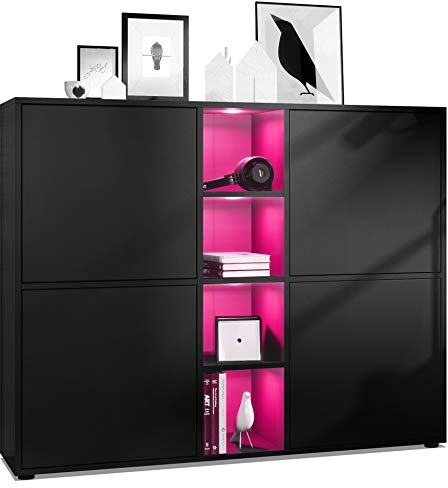 Vladon Highboard Cuba V3, Made in Germany, Schwarz matt/Schwarz matt inkl. LED - Moderne Anrichte mit 12 Fächern (130,5 x 105,5 x 35,5 cm)