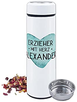 GRAZDesign Teeflasche mit Sieb to go | Erzieher mit Herz | Geschenk Dankeschön Kindergarten Abschiedsgeschenk zum Abschied, personalisiert mit Namen, Edelstahl 500ml