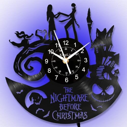 KingLive Vinyl Wall Clock Jack and Sally Skellington, LED Clocks 12” Nightmare Christmas 7 Color Retro Clock, for Kids Disne Wall Clock Handmade Decor