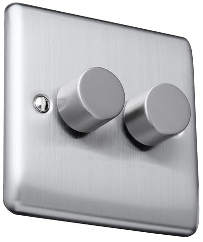 Caradok 400W 2 gang 2way dimmer switch Brushed Chrome, Metal Switch, Grey Insert