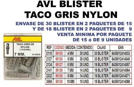 Avl blister taco gris nylon 6 mm 2134 (caja 9 unidades)