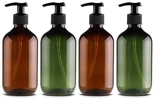 Leere Pumpflaschen, 300 ml Nachfüllbare Flasche für Kochsoßen, Flüssigseifenspender, Nachfüllbarer Behälter für Kochsoßen, ätherische Öle, Lotionen, Seife, Bio-Schönheitsprodukte (4Pcs Braun/Grün)