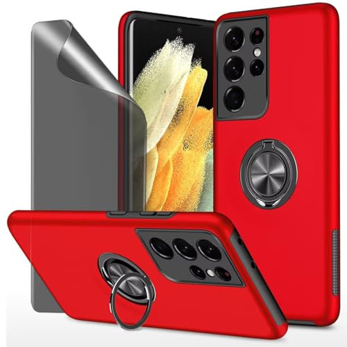 Dechyi Privacy Coque pour Samsung Galaxy S21 Ultra 5G Housse Etui avec Anti-Espion Verre trempé avec Support de Bague résistant aux Chocs résistant aux Rayures PC Silicone Heavy Duty- Rouge