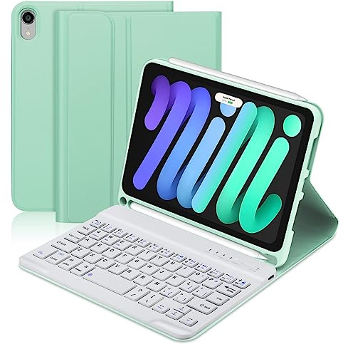 BORIYUAN iPad mini 6 Keyboard Case 2021, Detachable Wireless Bluetooth Keyboard Slim Folio Smart Cover with Build-in Pencil Holder for iPad mini 6th Generation 8.3 inch – Light Green