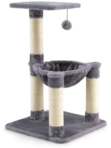 GOPLUS Arbre à Chat 64 CM en Bois Recouvert Peluche, Poteaux en Sisal, Nid Confortable, Boule Suspendue, Gris