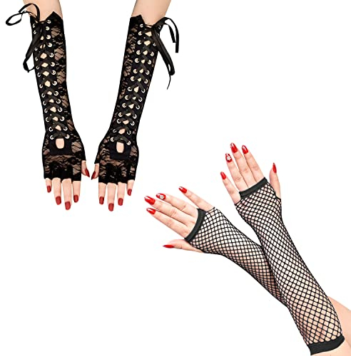 1 par de guantes de encaje negro, 1 par de guantes de red de pesca, guantes de vestido de noche vintage, juego de rol, accesorios de ropa, adecuados para ópera, danza, boda, fiesta, Negro, Talla única