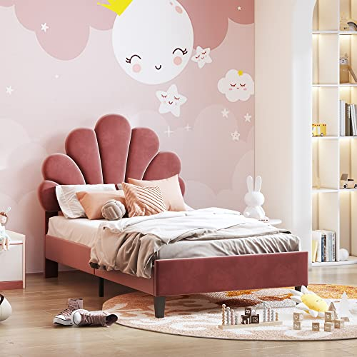 ZYLOYAL10 Polsterbett Kinderbett 90 x 200 cm, Bettgestell mit Kopfteil in Blumenform und Lattenrost, Teenie-Mädchenbett in hautfreundlichem Samtstoff, Gästebett (Farbe: Bohnenrot) (Bohnenrot)