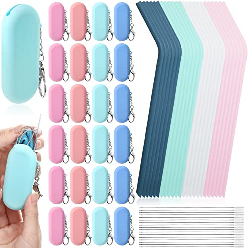 Zubebe Reusable Straws with Case Silicone Straws Reusable Travel Straw Portable Drinking Straw with Keychain Carry Pouch and Cleaning Brush for Home Travel Party Cold or Hot Drinks, 4 Color (24 Set)