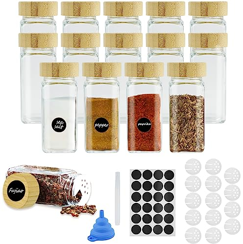 Lre Co. tarros de especias, 14 latas de vidrio cuadrado con tapa de bambú, inserciones de botellas oscilantes, etiquetas, embudo de silicona, bolígrafo de tiza 120ml