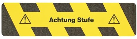 DENIOS m2-Antirutschbelag™, Warnmarkierung, schwarz/gelb, Achtung Stufe, Streifen 150 x 610 mm