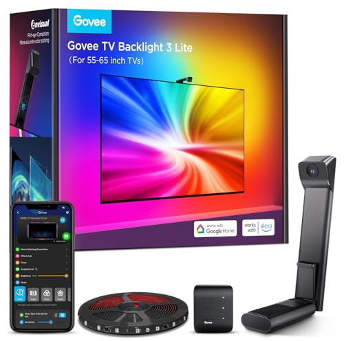 Govee TV Backlight 3 Lite with Fish-Eye Correction Function Sync to 55-65 Inch TVs, 3.6m RGBICW Wi-Fi TV LED Backlight with Camera, 4 Colours in 1 Lamp Bead, Voice and APP Control, Adapter