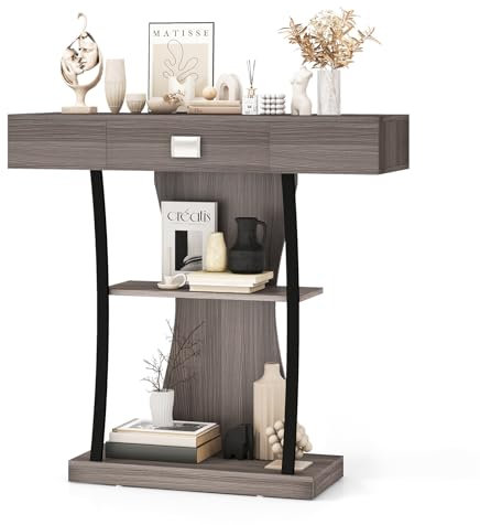 COSTWAY Console Table, Wooden T-Shaped Narrow Behind Sofa Table Hall Desk with Drawer and Storage Shelves, Industrial Accent Couch Side Table for Hallway Entryway Living Room (1 Drawer, Grey)