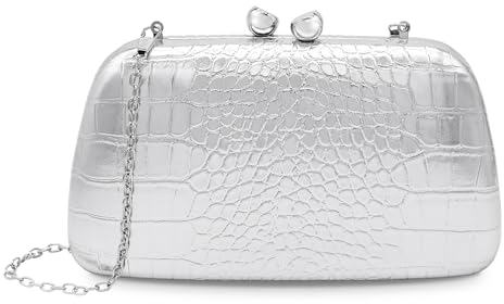 bwszrosa Damen-Clutch, Abendtasche, Umhängetasche aus PU mit Krokodilprägung in Metallic-Optik (Silber)