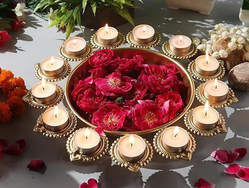 R Ayurveda Copper Metal Decorative Metal Diya Traditional Diya Urli Tealight Holder Golden Bowl for Floating Flowers Home,Office Wedding Decor Size 14 Inches
