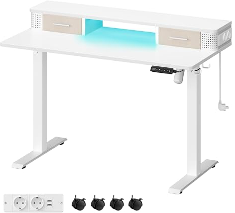 VASAGLE Höhenverstellbarer Schreibtisch elektrisch, 60 x 120 x (72-120) cm, stufenlos verstellbar, mit Monitorständer, Steckdosenleiste, Haken, Memory-Funktion, wolkenweiß LSD182W01