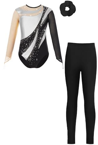 Alvivi Mädchen Turnanzug Langarm Gymnastikanzug mit Hose Haarband Patchwork Ballettanzug Trikotanzug Akrobatik Anzug Eislaufen Tanzkostüm Silber Schwarz 146-152
