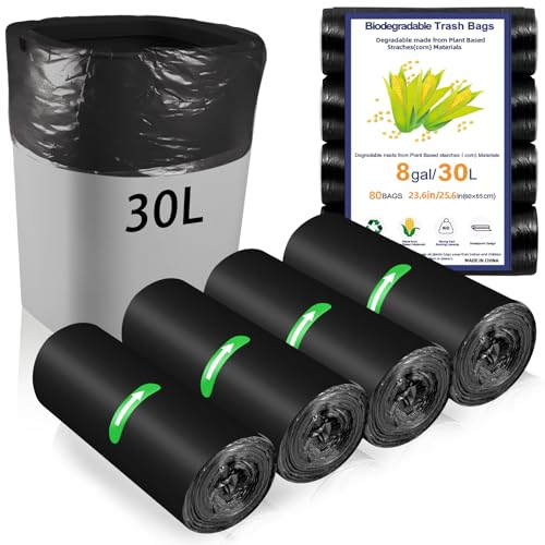 80 x 30 Liter Bin Bags, 23.6 * 25.6 in Food Waste Bags 4 Roll Kitchen Bin Liners Food Caddy Bags Caddy Bin Liners for for Office Bathroom Kitchen Garbage Bin(Black)