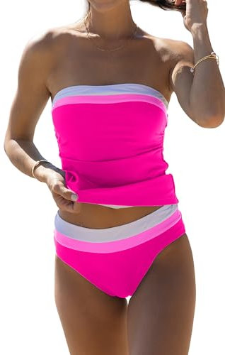 Beachsissi Tankini da donna con controllo della pancia, tinta unita, senza spalline, colori assortiti, Rosa scuro, M