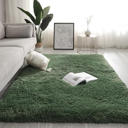 Swsen Tapis de Salon Shaggy Ultra Doux - Moelleux et Lavable - Tapis Moderne pour Chambre avec Dessous Antidérapant, 100 x 200 cm, Vert Foncé