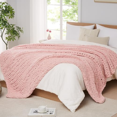 L'AGRATY Grobstrick-Decke: 183 x 213 cm, Chenille, grob gestrickt, Überwurfdecke für Bett, Couch, handgefertigt, dick, große Zopfstrickdecke, große grobe Häkelseil-Decke für Heimdekoration (Rosa)