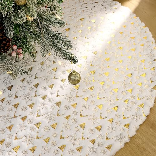 MEIVINES Weihnachtsbaum Decke 120 cm Weiß Plüsch Tannenbaum Teppich Gold Schneeflocke Weihnachtsdecke Tannenbaum Weihnachtsbaum Teppich Rund Für Christbaumschmuck Weihnachtsdeko (Gold, 120 cm)