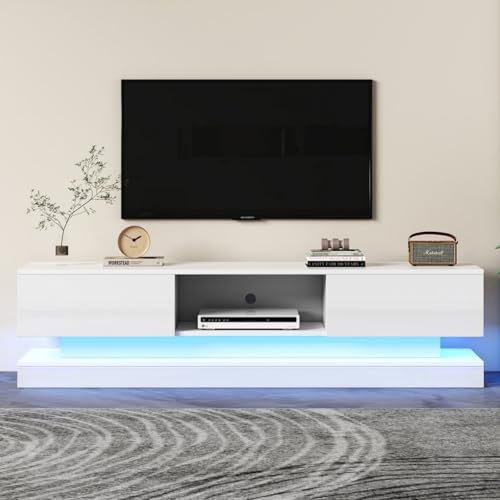 KOMHTOM Meuble télé Blanc Brillante avec Rangement, Meuble TV 160 cm Longueur Table Television Salon avec 2 tiroirs Meuble de Salon (Blanc, 160 x 35 x 40.5 cm)