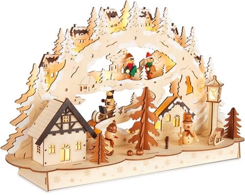BRUBAKER 3D Lichterbogen - LED Schwibbogen - Dorf in verschneiter Winterlandschaft - Weihnachtsbeleuchtung aus Holz Natur - 27 x 45 x 12 cm - Handbemalte Weihnachtsdeko für Tisch & Fensterbank