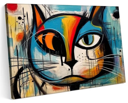 Printonia Leinwandbild m Bild auf Leinwand 100x70 Katze abstrakte Tiere Kunst Wald wie Klimt Neon