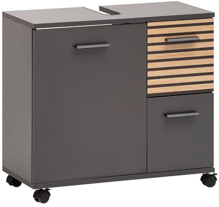 Lomadox Waschbeckenunterschrank Badezimmer Unterschrank anthrazit Akustikpaneel-Optik Siphonausschnitt Metallgriffe Rollen 65,1x60x32 cm