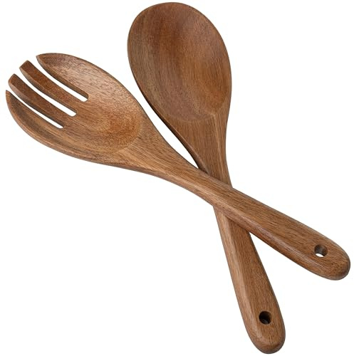 Wood Salad Servers, 10.5-inch Salad Spoon and Fork Serving Set, Set of 2 Wood Salad Serving Set, Wood Salad Tongs Salad Serving Tossing Utensils for Kitchen Stirring Mixing and Cooking