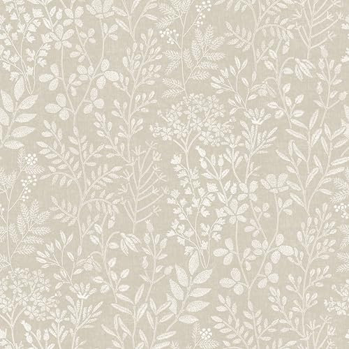 Grandeco Embroidery Stitched Organic Foliage Trail Wallpaper, Neutral