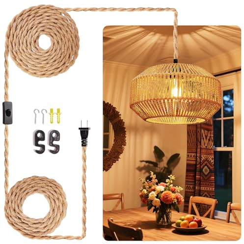 Maliralt Hanging Lamps Rattan Pendant Light Hanging Lights 16.4ft Plug in Cord Pendant Light Fixture Plug Into Wall Outlet Pendant Lighting with On Off Switch for Bedroom Living (Pumpkin Shade)