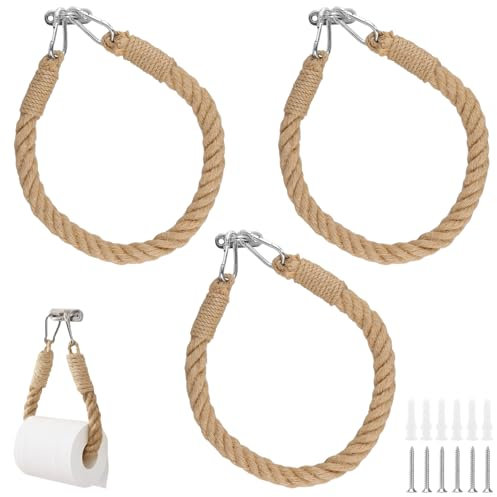 SINJEUN Lot de 3 Porte-Rouleau Papier Toilette Mural en Corde de Jute, 50 x 2 cm, Style Vintage, pour Salle de Bain