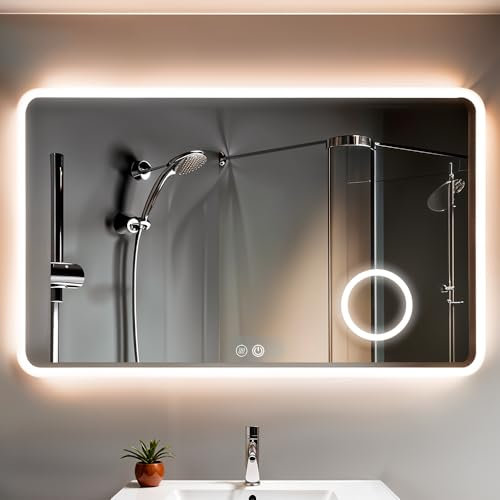 Marctani Espejo Baño con Luz LED Regulable en 3 Colores - Espejo de Pared ANTIVAHO con Ajuste de Brillo con Memoria e Interruptor Táctil - Espejos Inteligente Retroiluminado (80x60cm + Zoom X3)