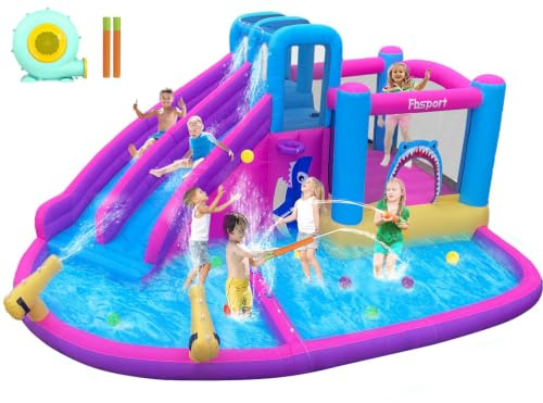 FBSPORT Inflatable Bounce House,Water Slide Park Bouncer Castle with 2 Slide & Double Cannon, Climbing Wall, Kids Bouncy Castle with 550W Air Blower for Backyard, Outdoor, Indoor