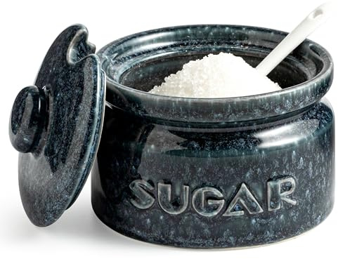 Gomakren Sugar Bowl with Lid and Spoon, Sugar Container Sugar Dish 10oz, Ceramic Sugar Jar for Coffee Bar, Kitchen, Countertop - Modern Farmhouse Kitchen Christmas Decor, Blue