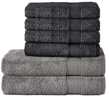 Komfortec 6er Handtuch Set aus 100% Baumwolle, 2er Badetücher 70x140 cm und 4er Handtücher 50x100 cm, Frottee, Weich, Anthrazit Grau/Schwarz