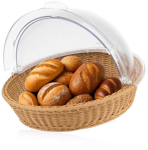Mahlzeit Rattan Brotkorb mit Deckel | 42 x 39 x 29 cm | Rund | Brotkasten mit Sichtfenster, Brotkasten Kunststoff, Buffetvitrine, Backwarentheke, Buffet Zubehör, Brötchenbox mit Rolldeckel